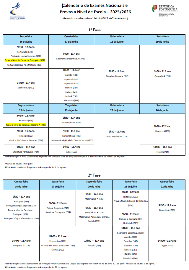 Calendario Exames nivel escola 2025 2026